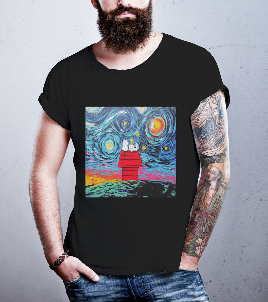 Snoopy And Woodstock On The Doghouse Under A Starry Night T-Shirt