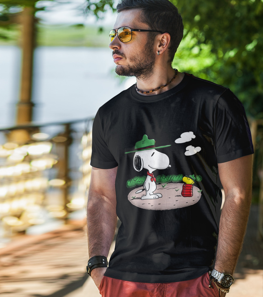 Snoopy Woodstock Camping Adventure With Green Hats And Red Scarf T-Shirt