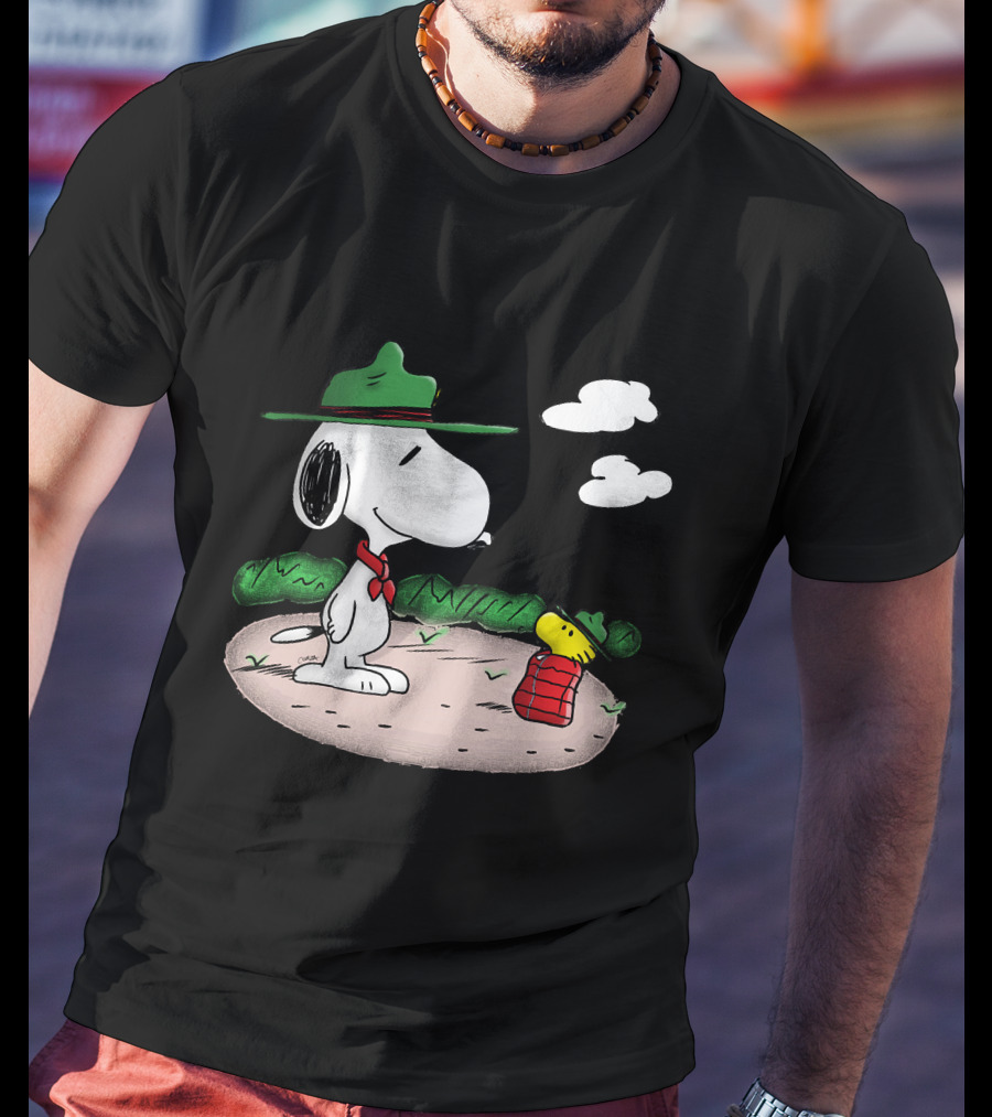 Snoopy Woodstock Camping Adventure With Green Hats And Red Scarf T-Shirt