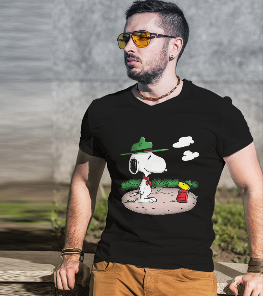 Snoopy Woodstock Camping Adventure With Green Hats And Red Scarf T-Shirt