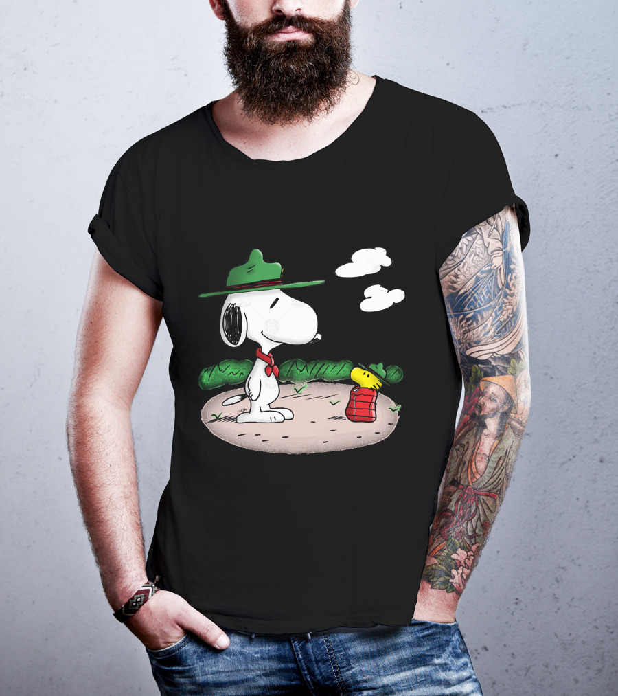 Snoopy Woodstock Camping Adventure With Green Hats And Red Scarf T-Shirt