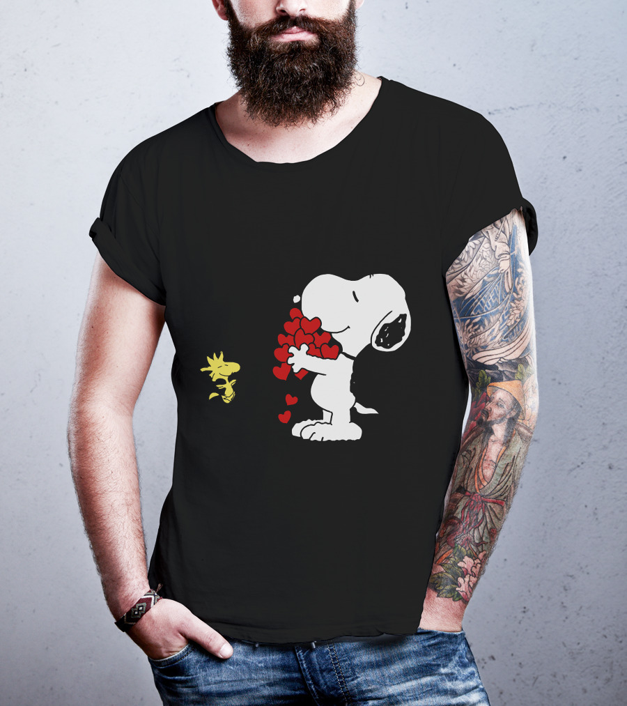 Snoopy Holding Hearts With Woodstock Hugging T-Shirt