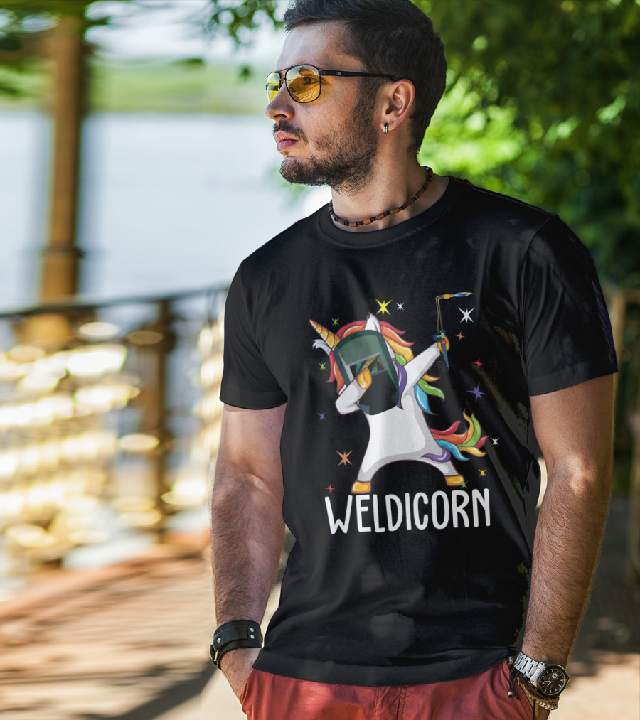 Weldicorn Funny Welder Unicorn Dabbing With Rainbow Mane And Welding Torch T-Shirt