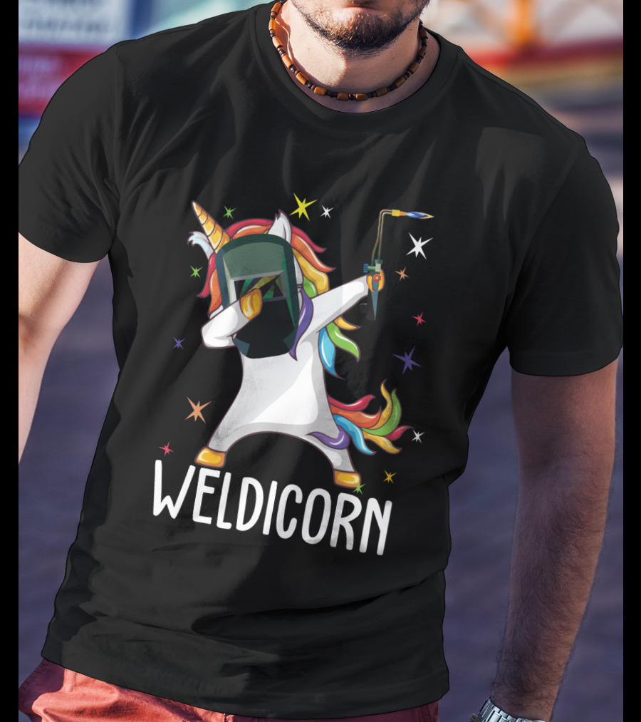 Weldicorn Funny Welder Unicorn Dabbing With Rainbow Mane And Welding Torch T-Shirt