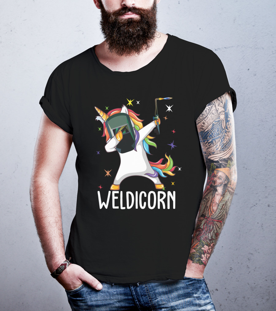 Weldicorn Funny Welder Unicorn Dabbing With Rainbow Mane And Welding Torch T-Shirt