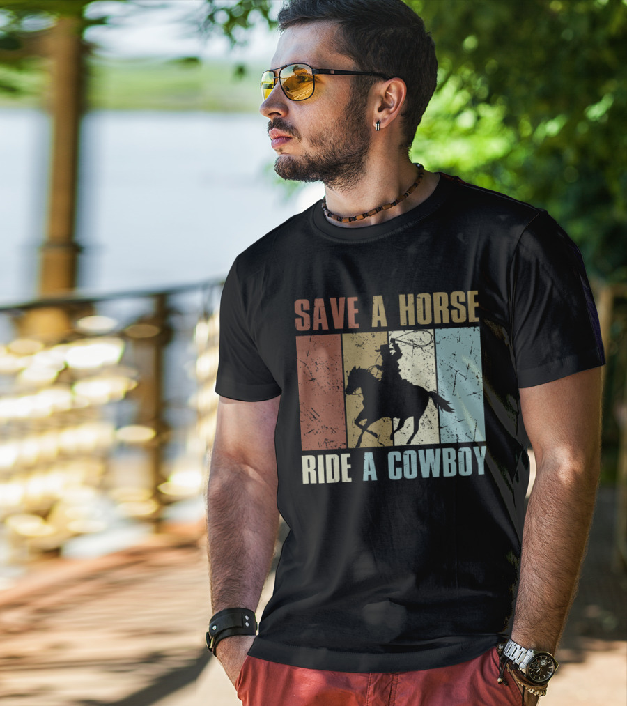 Save A Horse Ride A Cowboy Funny Vintage Horse Lovers Silhouette Retro Colors T-Shirt