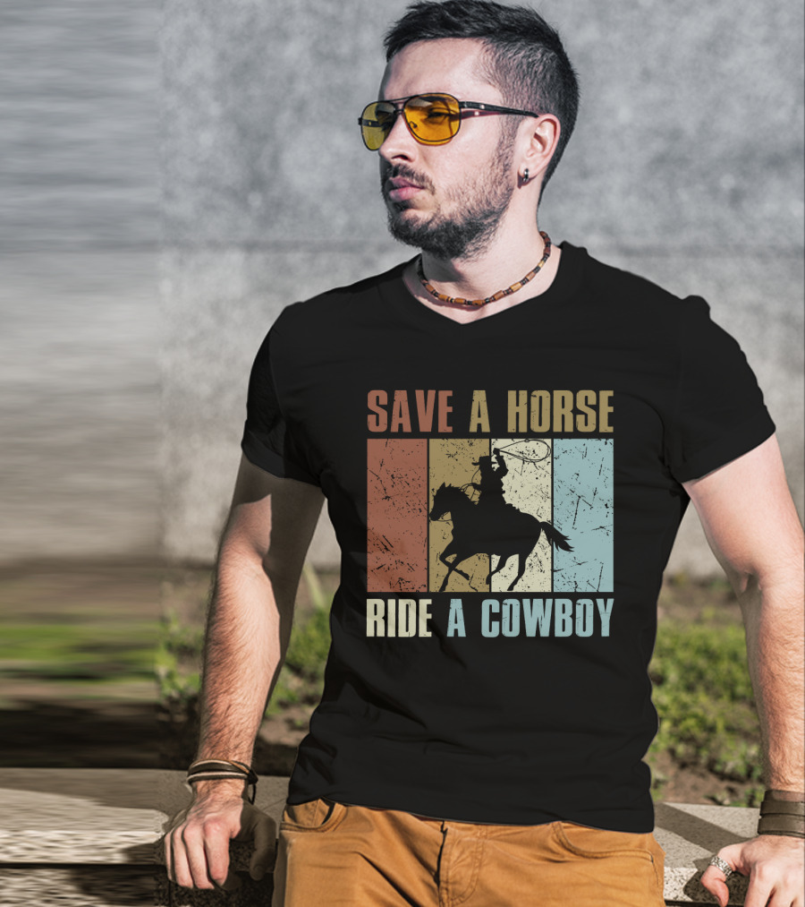 Save A Horse Ride A Cowboy Funny Vintage Horse Lovers Silhouette Retro Colors T-Shirt