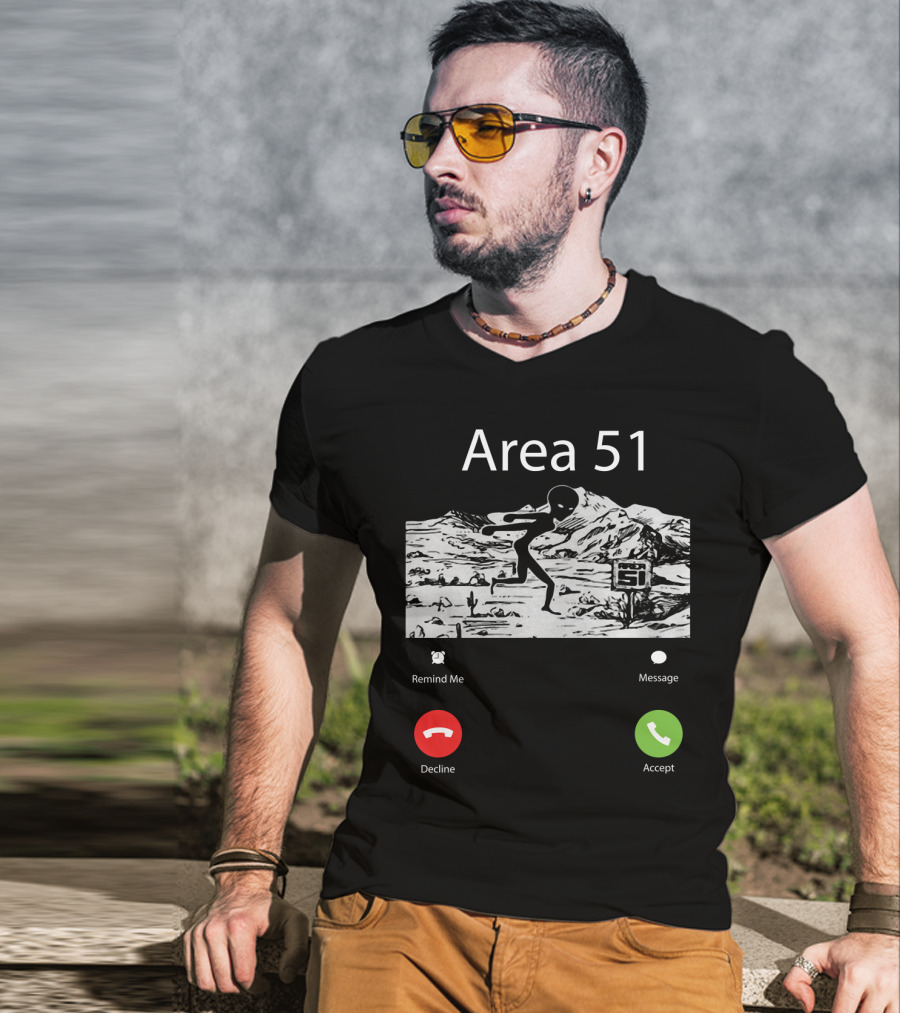 Area 51 Alien Running Desert Landscape With Call Options Remind Me Message Decline Accept T-Shirt