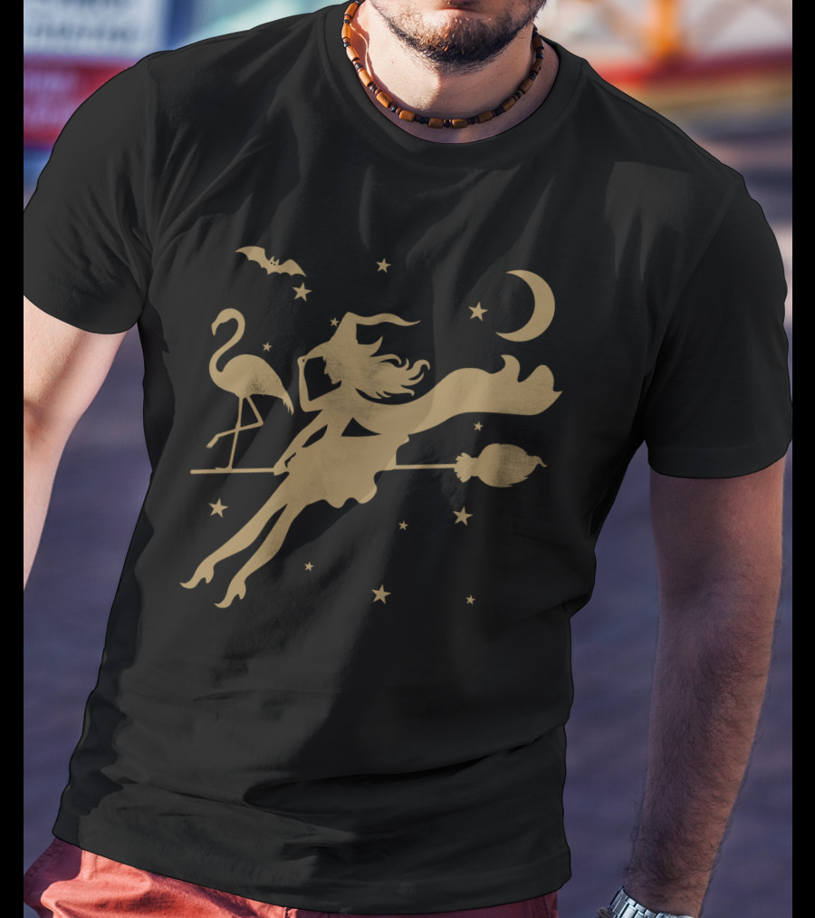 Halloween Witch Flying On A Broomstick With Flamingo Under Moon And Stars T-Shirt