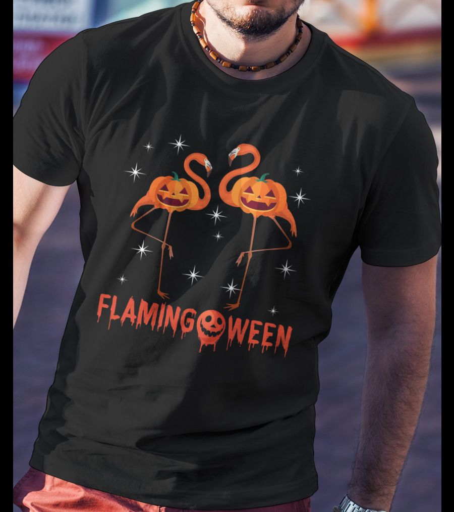 Flamingoween Funny Flamingos With Pumpkin Heads And Stars T-Shirt