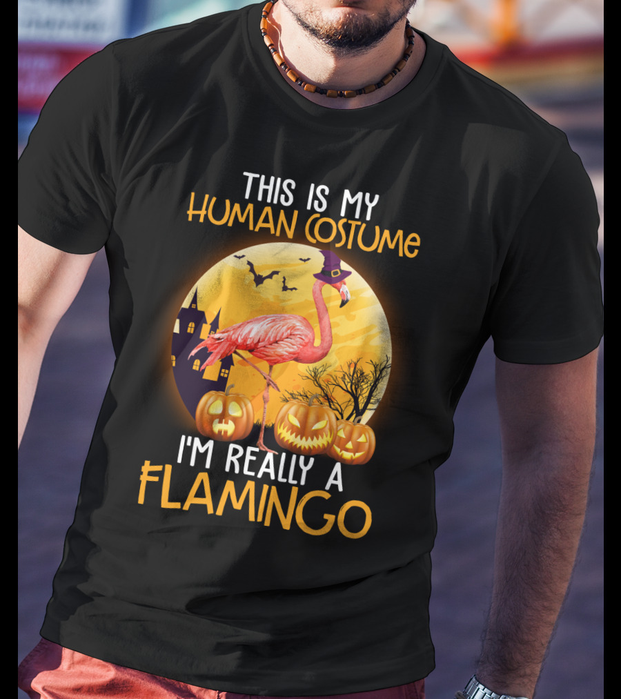 This Is My Human Costume I'm Really A Flamingo Halloween Witch With Pumpkins And Bats T-Shirt