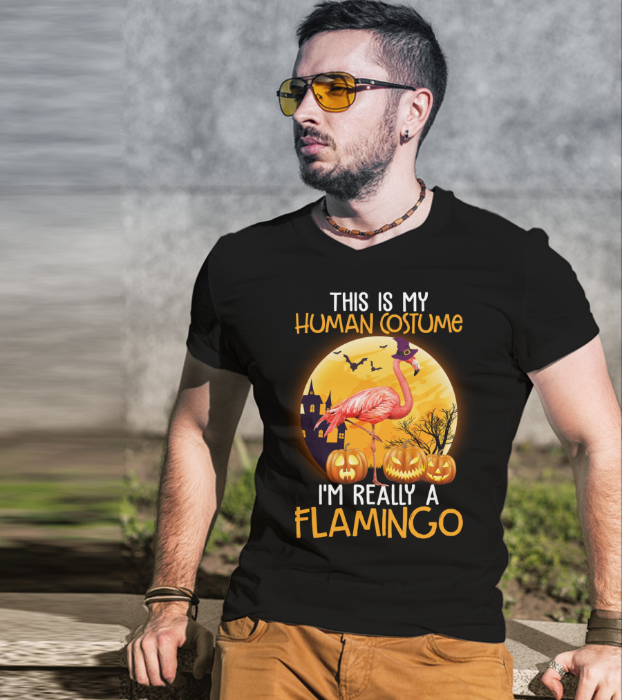 This Is My Human Costume I'm Really A Flamingo Halloween Witch With Pumpkins And Bats T-Shirt