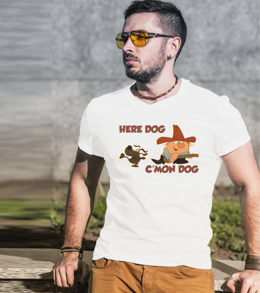Here Dog C'mon Dog Cartoon Character With Cowboy Hat And Guitar T-Shirt