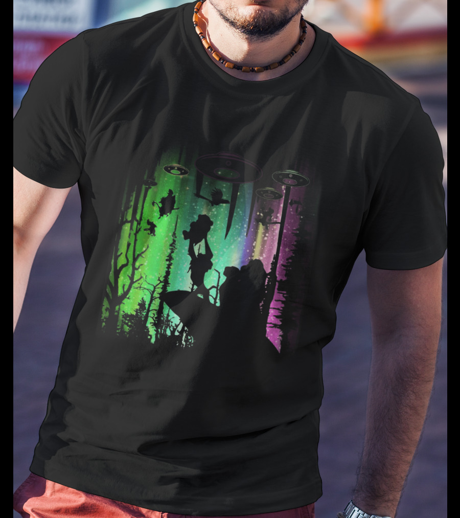The Lion King Silhouette With UFOs And Aurora In Storm Area Scene T-Shirt