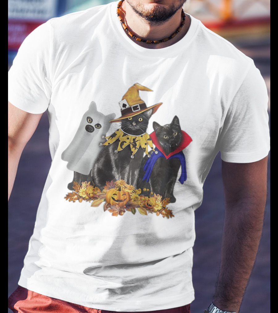 Black Cat Witch Boo Vampire Halloween With Pumpkins And Ghost Costume T-Shirt