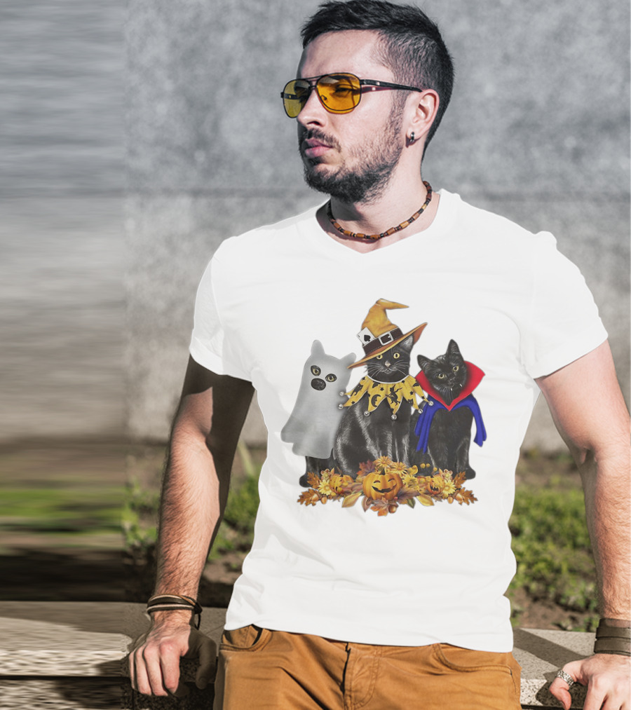 Black Cat Witch Boo Vampire Halloween With Pumpkins And Ghost Costume T-Shirt