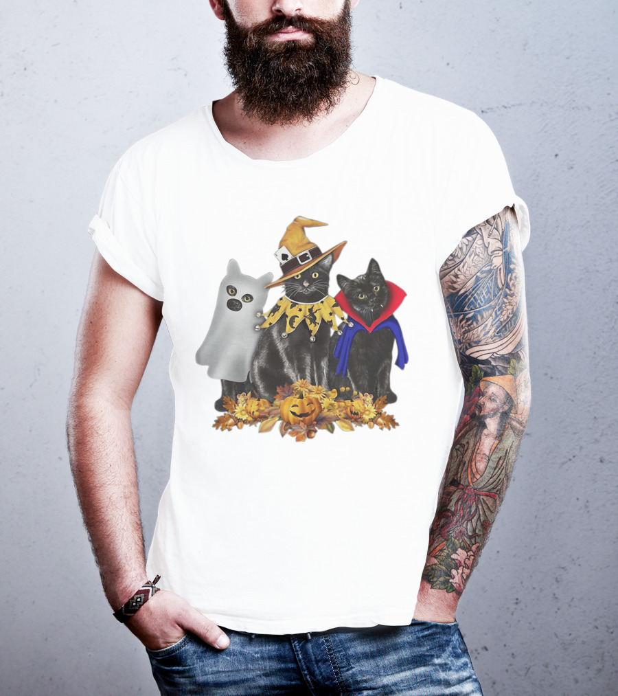 Black Cat Witch Boo Vampire Halloween With Pumpkins And Ghost Costume T-Shirt
