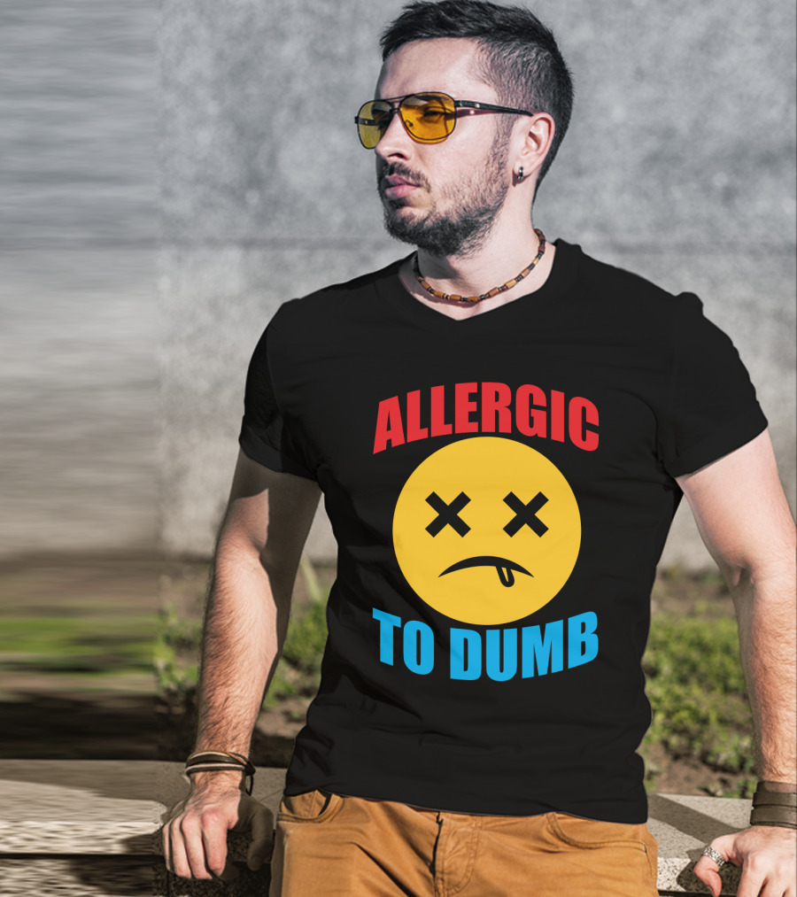 Allergic To Dumb Funny Sarcasm Tattooed Girls With Yellow Emoticon Face And Crossed Eyes T-Shirt