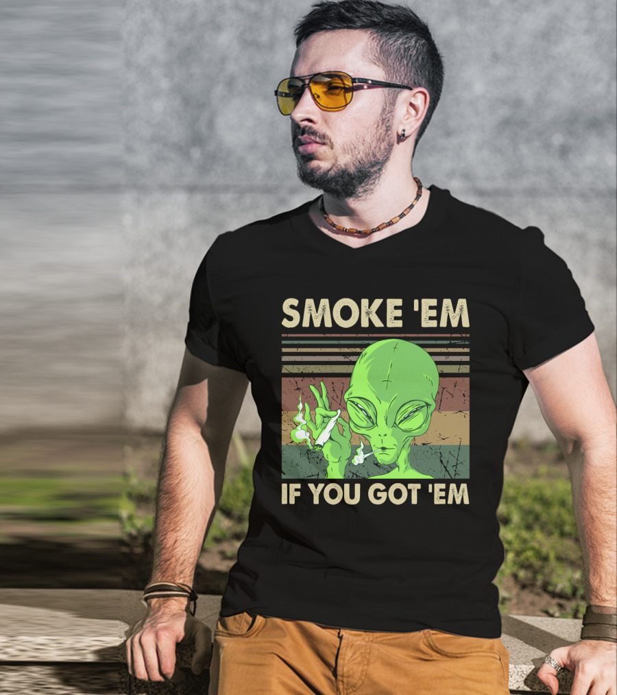 Smoke 'Em If You Got 'Em Green Alien Smoking With Retro Stripes T-Shirt