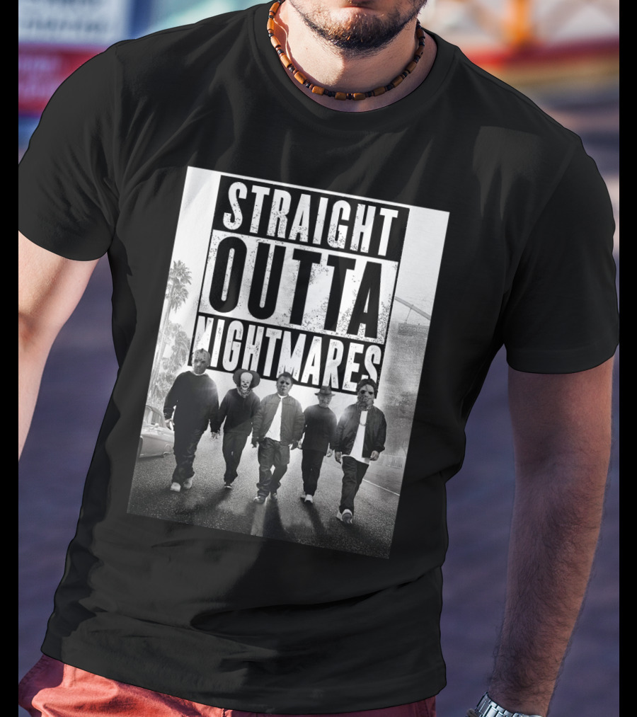 Straight Outta Nightmares Jason IT Michael Freddy Thomas Horror Icons Walking Down Compton Street T-Shirt