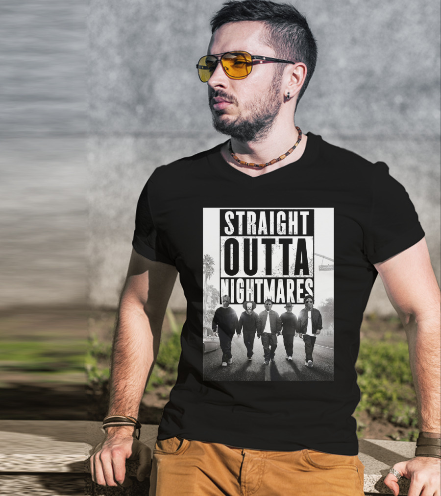 Straight Outta Nightmares Jason IT Michael Freddy Thomas Horror Icons Walking Down Compton Street T-Shirt