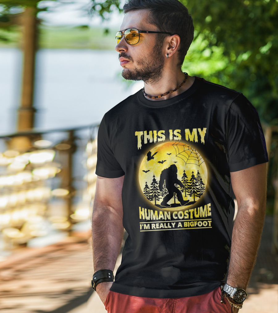 Bigfoot Silhouette In Moonlit Forest With Web And Bats - This Is My Human Costume I'm Really A Bigfoot T-Shirt