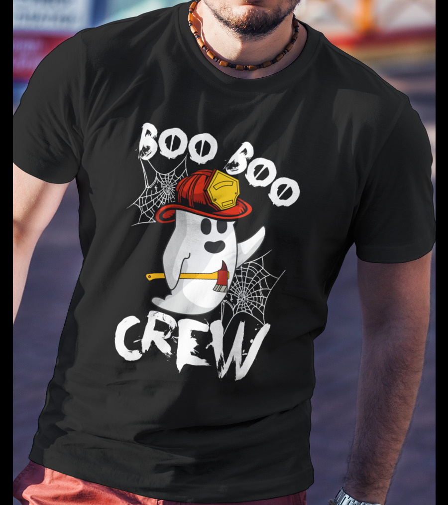 Boo Boo Crew Ghost With Firefighter Helmet And Axe Halloween T-Shirt