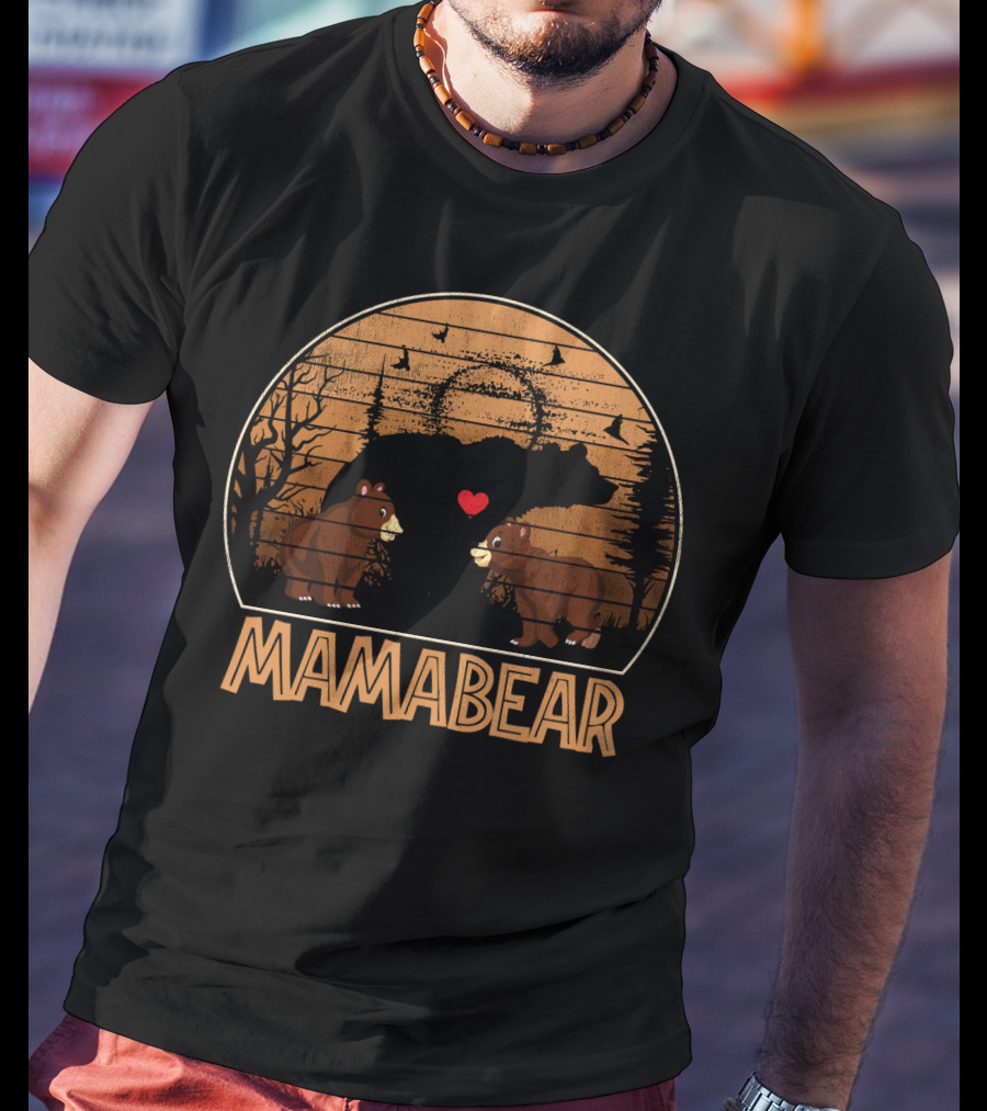 Mama Bear Vintage Sunset With Bears And Heart In Forest Scene T-Shirt