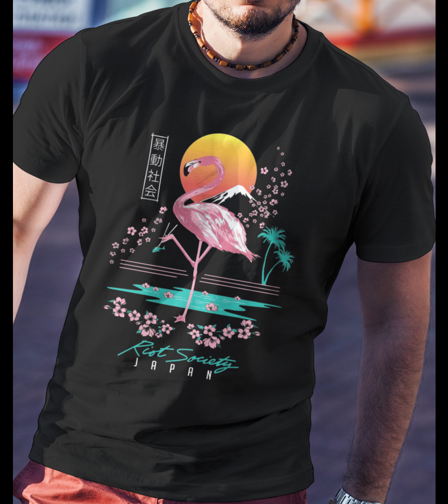 Riot Society Japan Flamingo Blossom Sakura Sunset T-Shirt