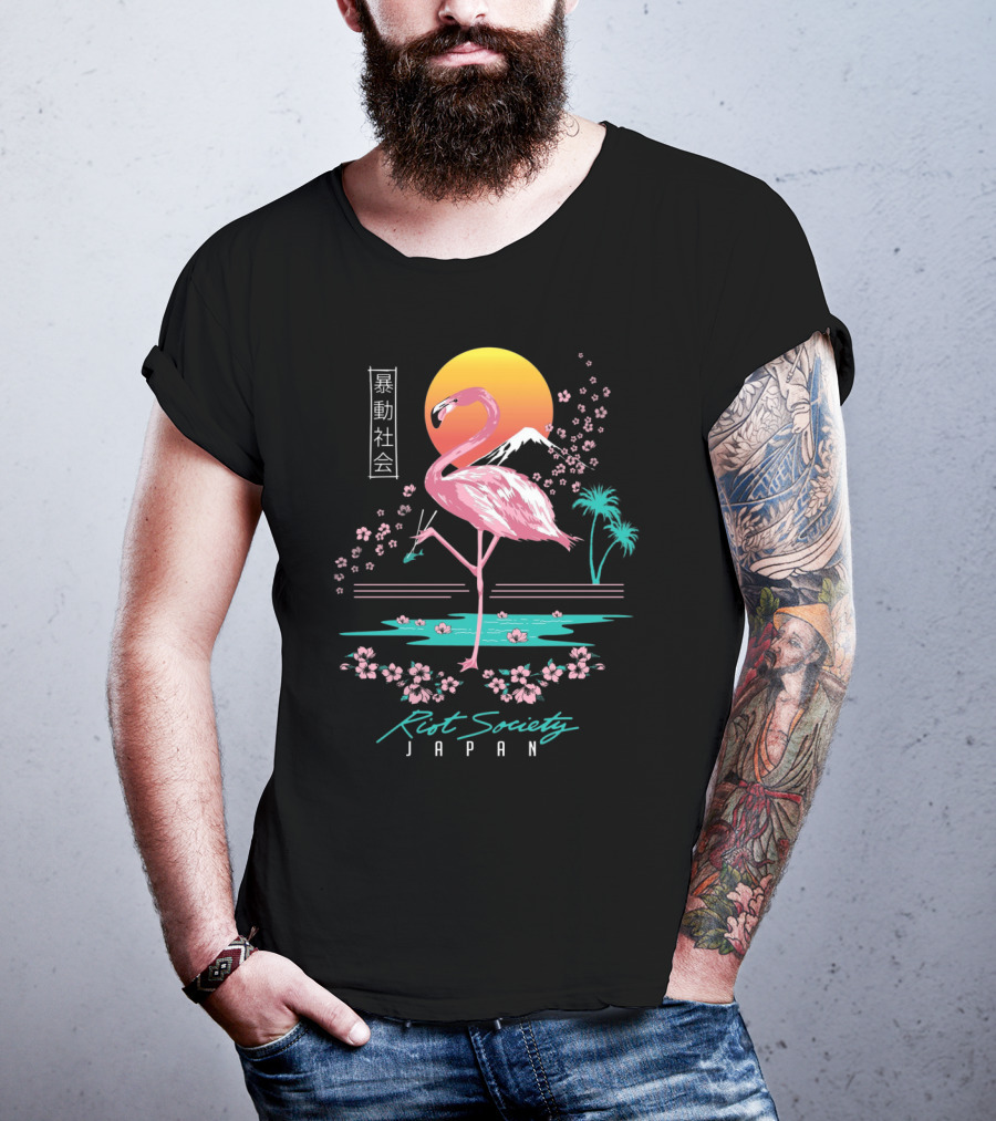 Riot Society Japan Flamingo Blossom Sakura Sunset T-Shirt