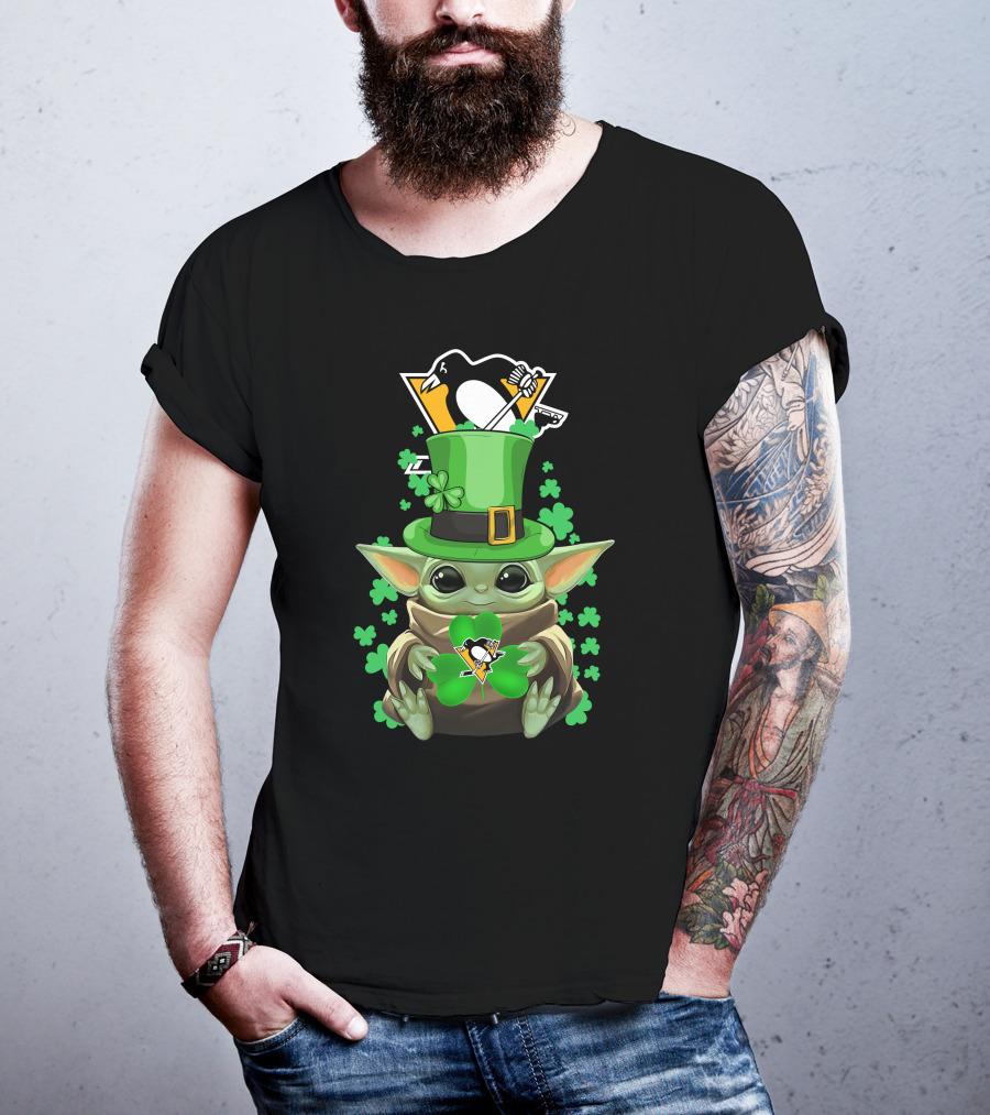 Baby Yoda Penguins St. Patrick's Day Shamrock T-Shirt