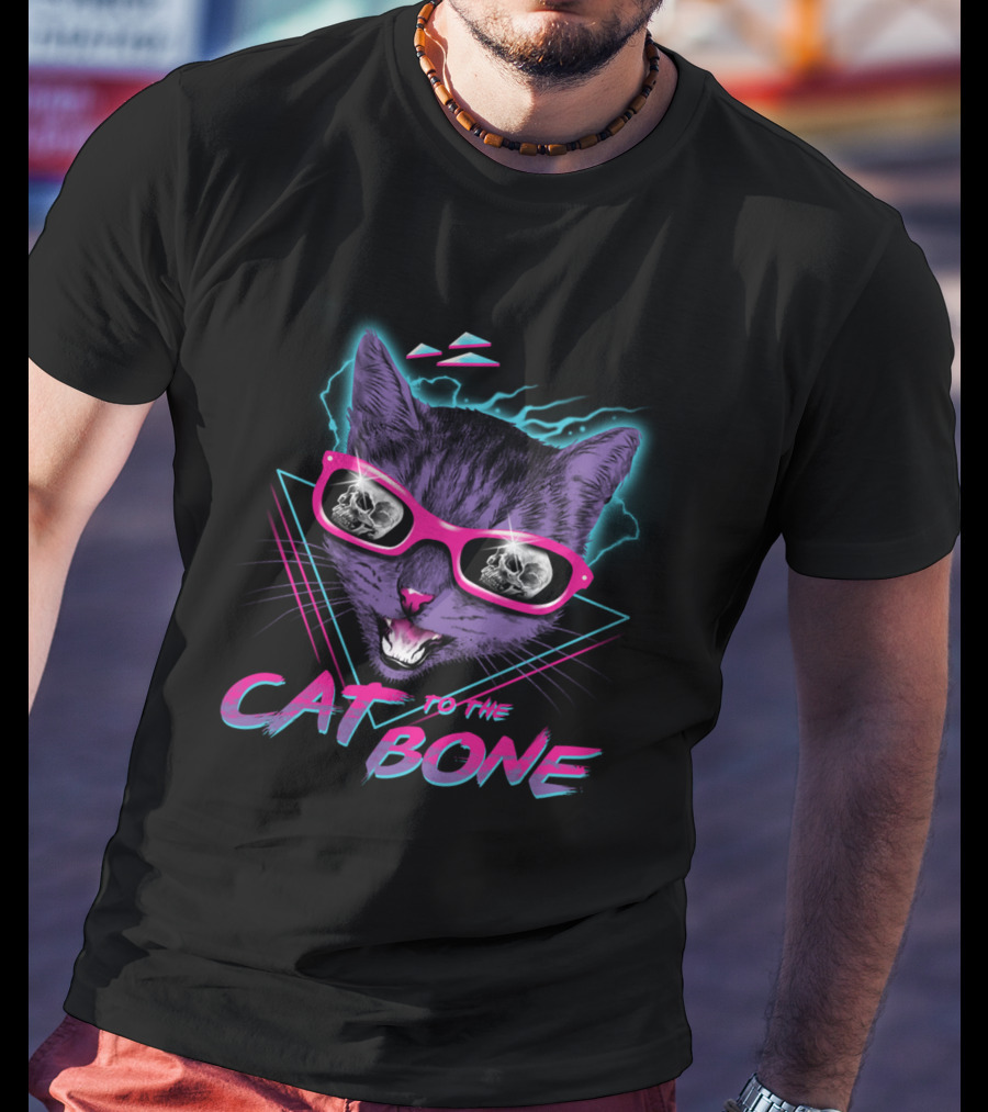 CAT TO THE BONE Retro Neon Cool Cat In Sunglasses With Skull Reflections T-Shirt
