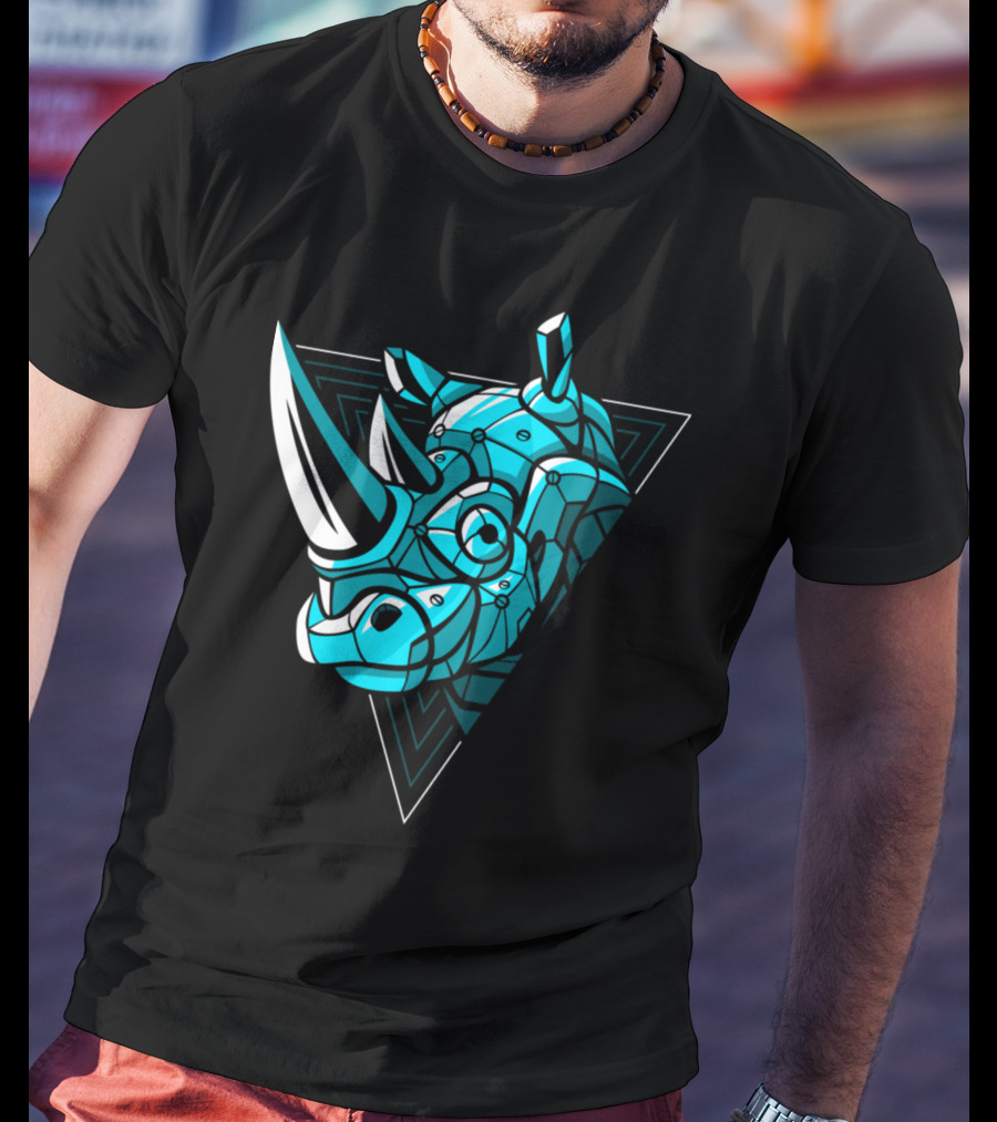 Cybernetic Blue Rhino With Neon Triangle Punk T-Shirt