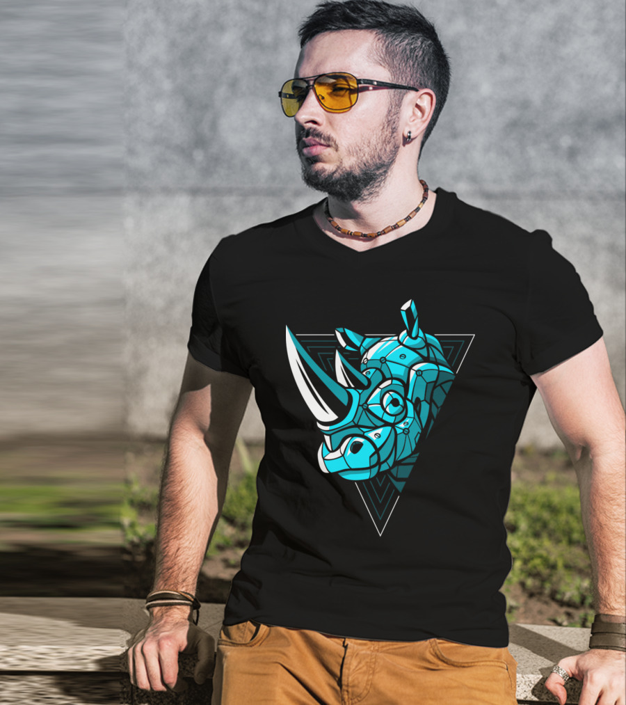 Cybernetic Blue Rhino With Neon Triangle Punk T-Shirt