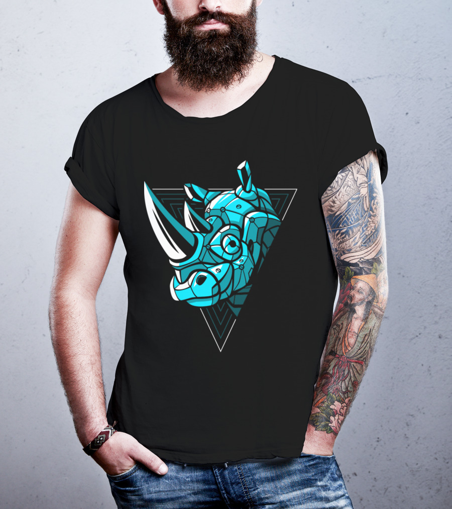 Cybernetic Blue Rhino With Neon Triangle Punk T-Shirt