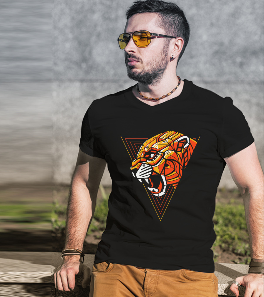 Leopard Punk Machine Geometric Triangle Roaring Face T-Shirt