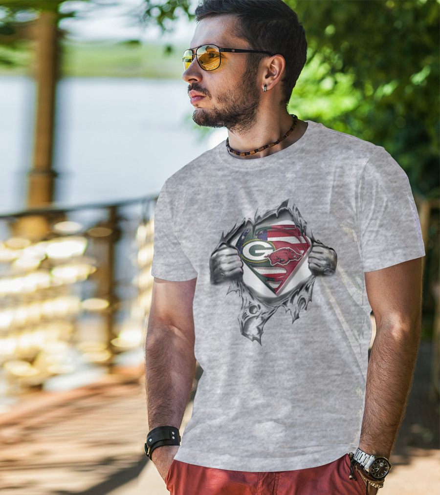 Green Bay Packers Arkansas Razorbacks Superman Logo American Flag Background T-Shirt