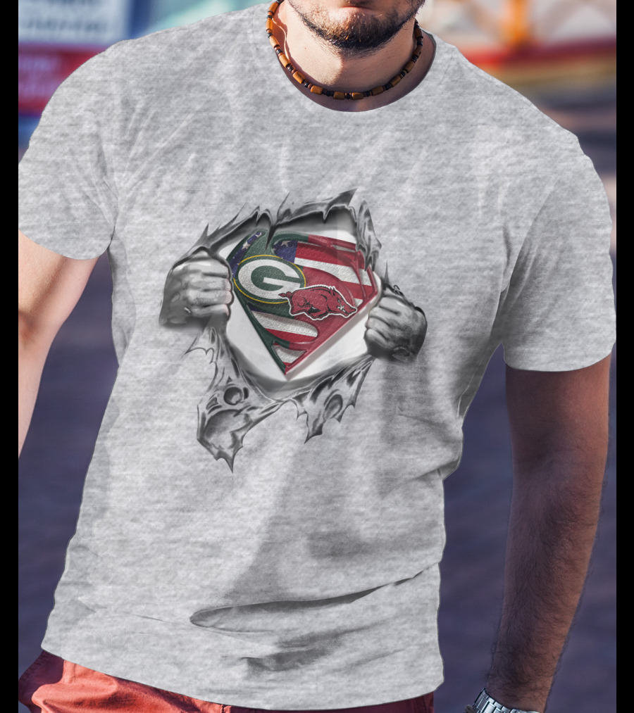 Green Bay Packers Arkansas Razorbacks Superman Logo American Flag Background T-Shirt