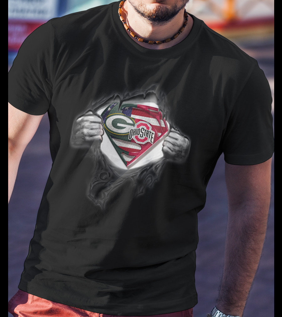 Green Bay Packers Ohio State Buckeyes American Flag Superman T-Shirt
