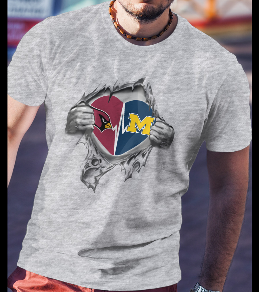 Michigan Wolverines Arizona Cardinals Heartbeat Logo Split Heart Fusion T-Shirt