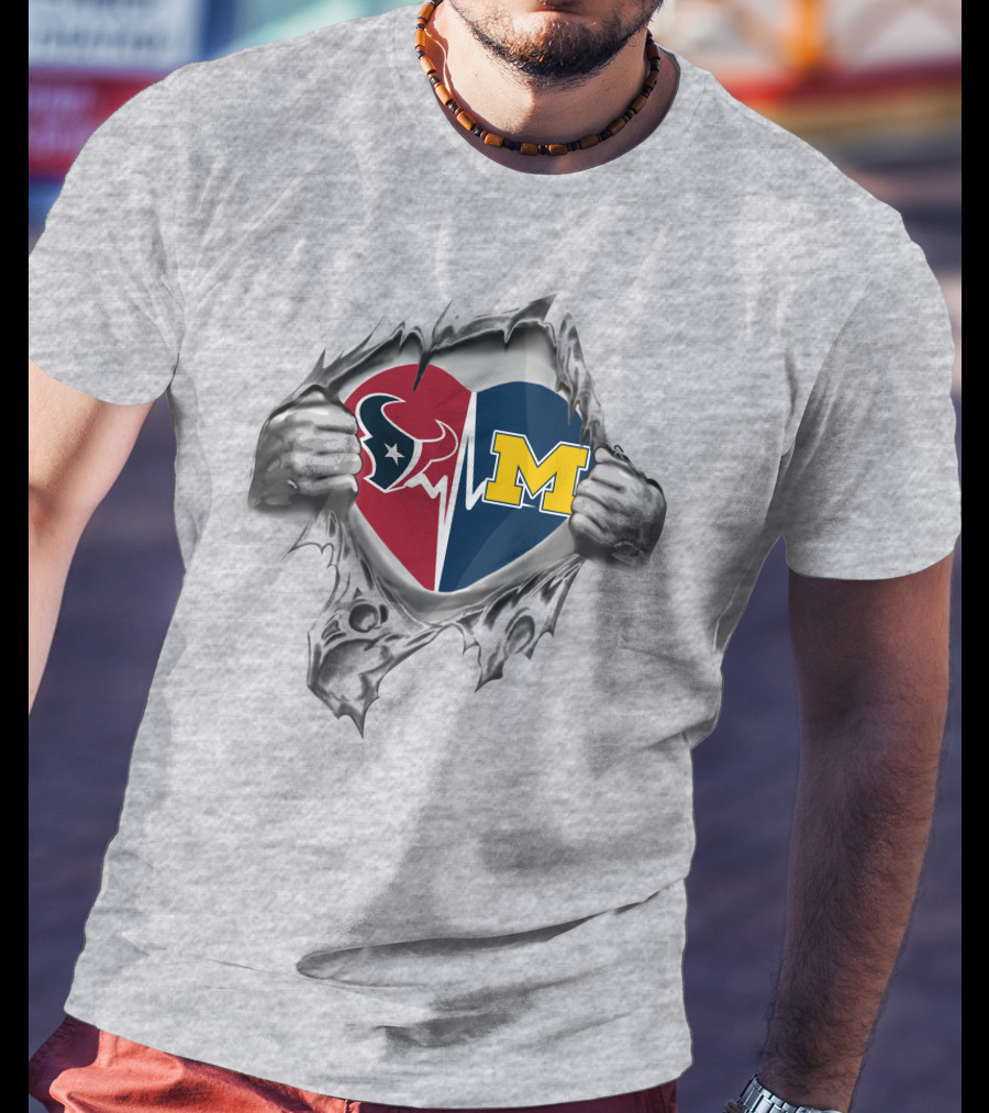Michigan Wolverines Houston Texans Heart Logo Fusion T-Shirt