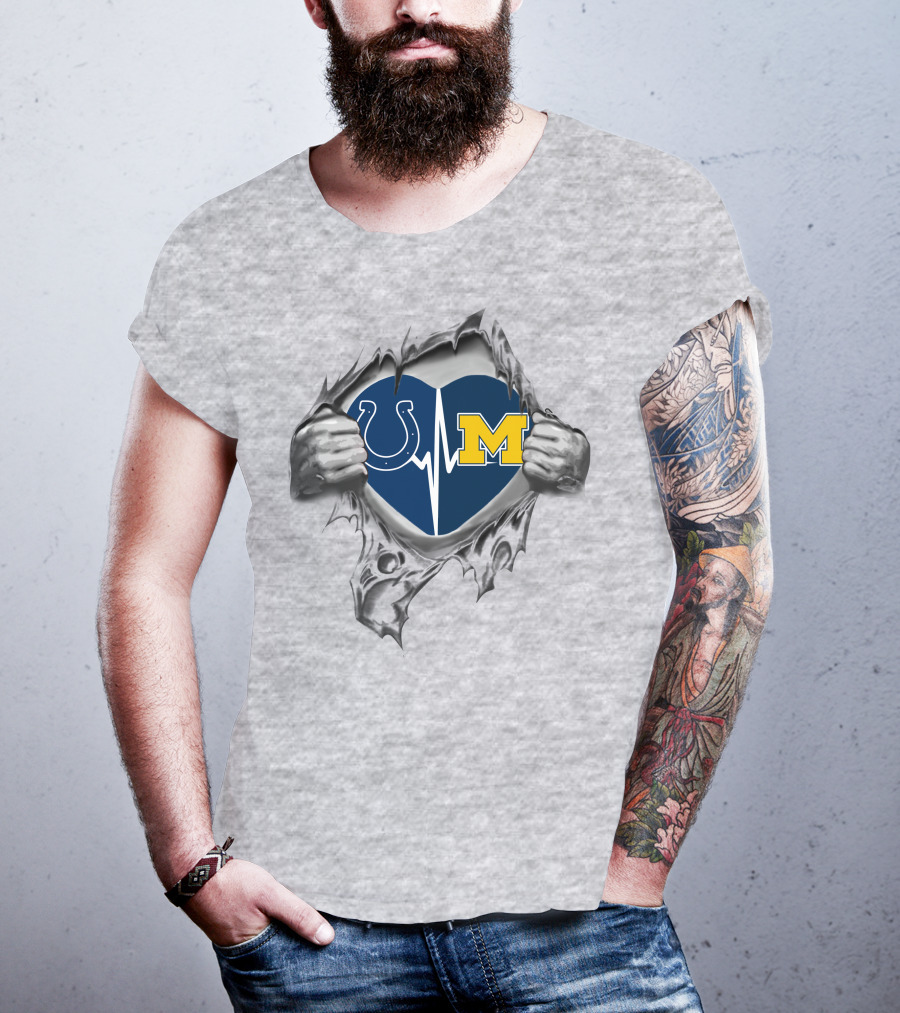 Michigan Wolverines Indianapolis Colts Heartbeat Logo Fusion T-Shirt