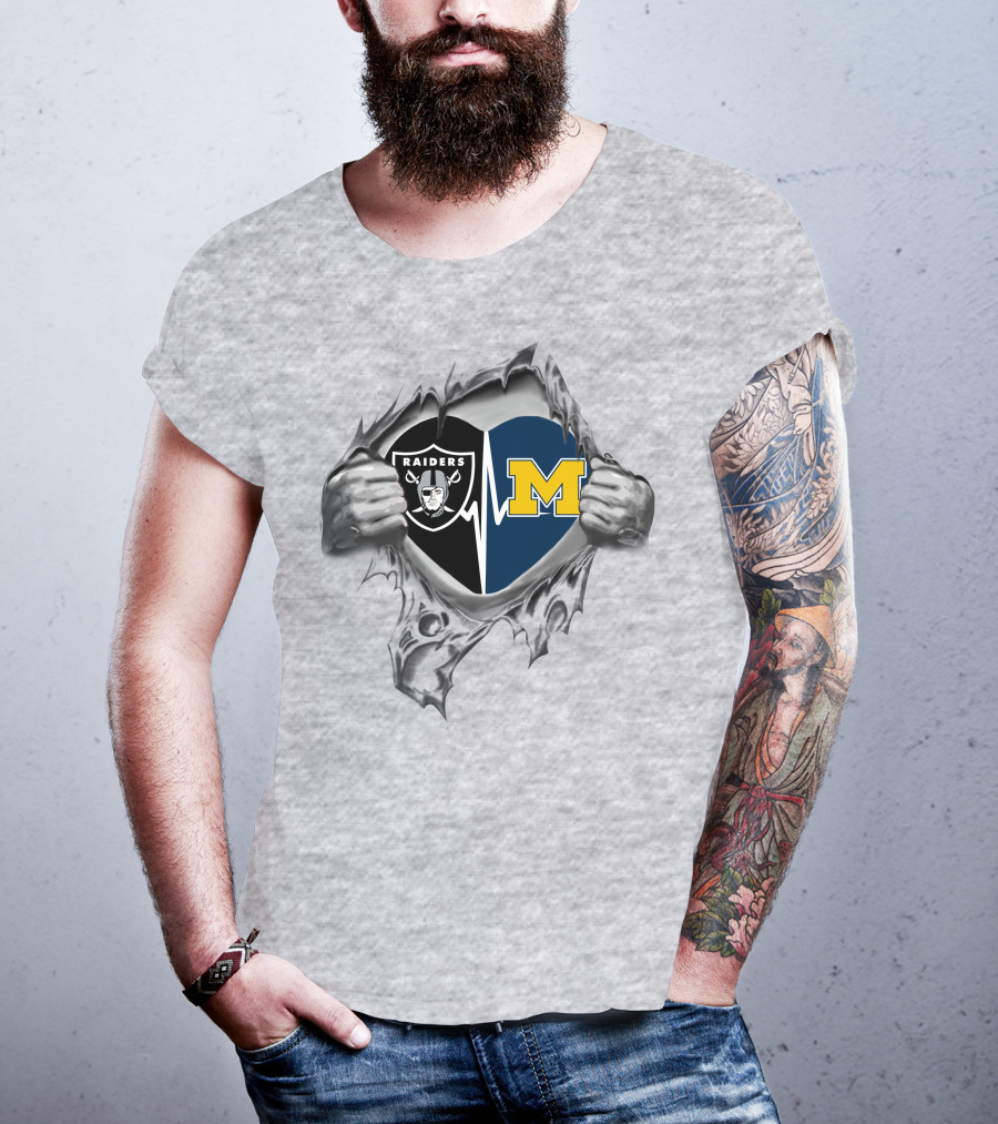 Raiders Michigan Wolverines Heartbeat Football Fan Fusion T-Shirt
