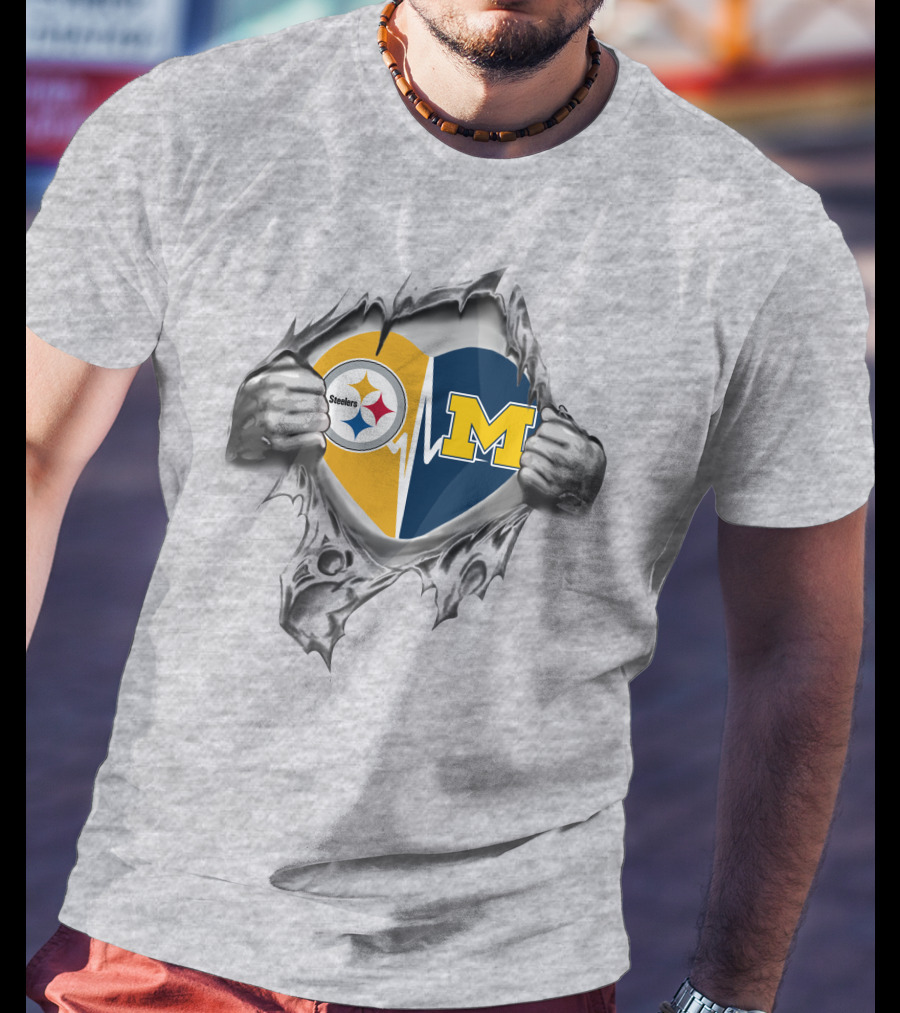Michigan Wolverines Pittsburgh Steelers Heartbeat Fusion T-Shirt