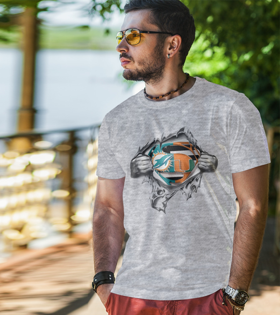 Miami Dolphins Hurricanes Superman Logo Tear Open T-Shirt