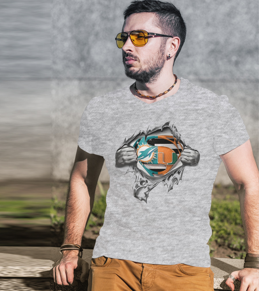 Miami Dolphins Hurricanes Superman Logo Tear Open T-Shirt