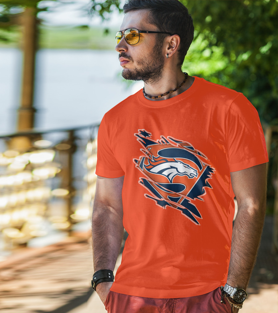Broncos Super Logo Combines With Superhero Emblem On Bold Orange T-Shirt