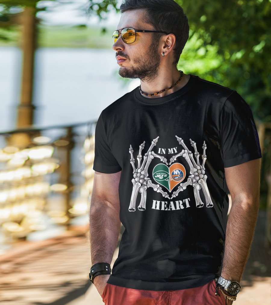 In My Heart New York Jets New York Islanders Skeleton Hands T-Shirt
