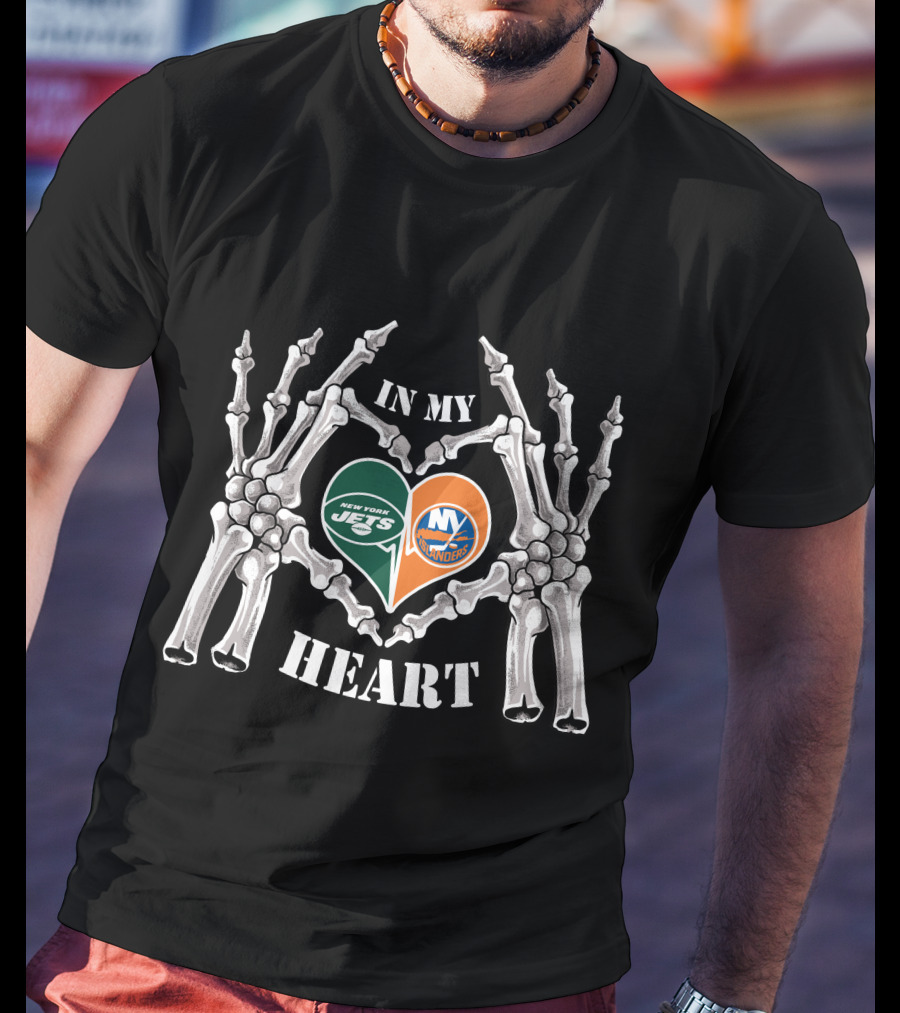 In My Heart New York Jets New York Islanders Skeleton Hands T-Shirt