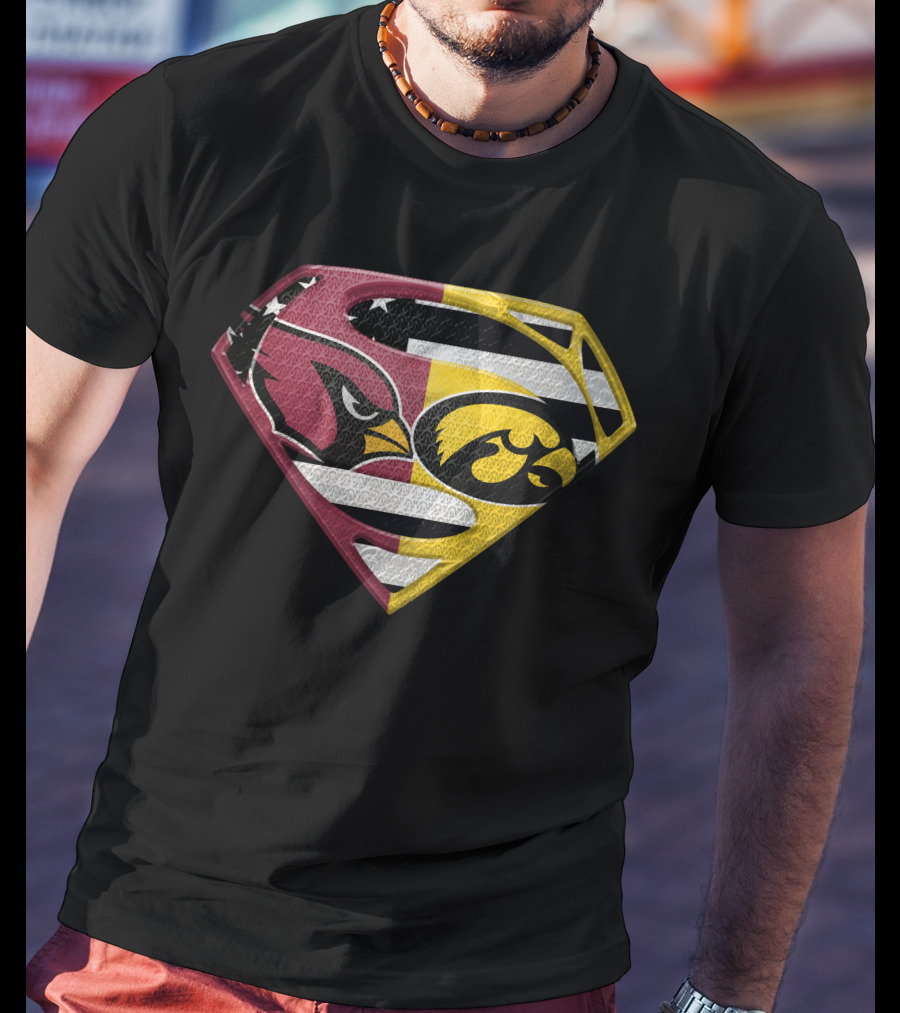 Arizona Cardinals And Iowa Hawkeyes Superman Logo Usa Flag Fusion T-Shirt